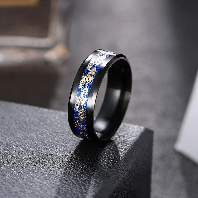 Fashion 8mm Men Stainless Steel Dragon Ring Vintage Punk Chinese Dragon Pattern Carbon Fiber Rings For Men Wedding Party Jewelry