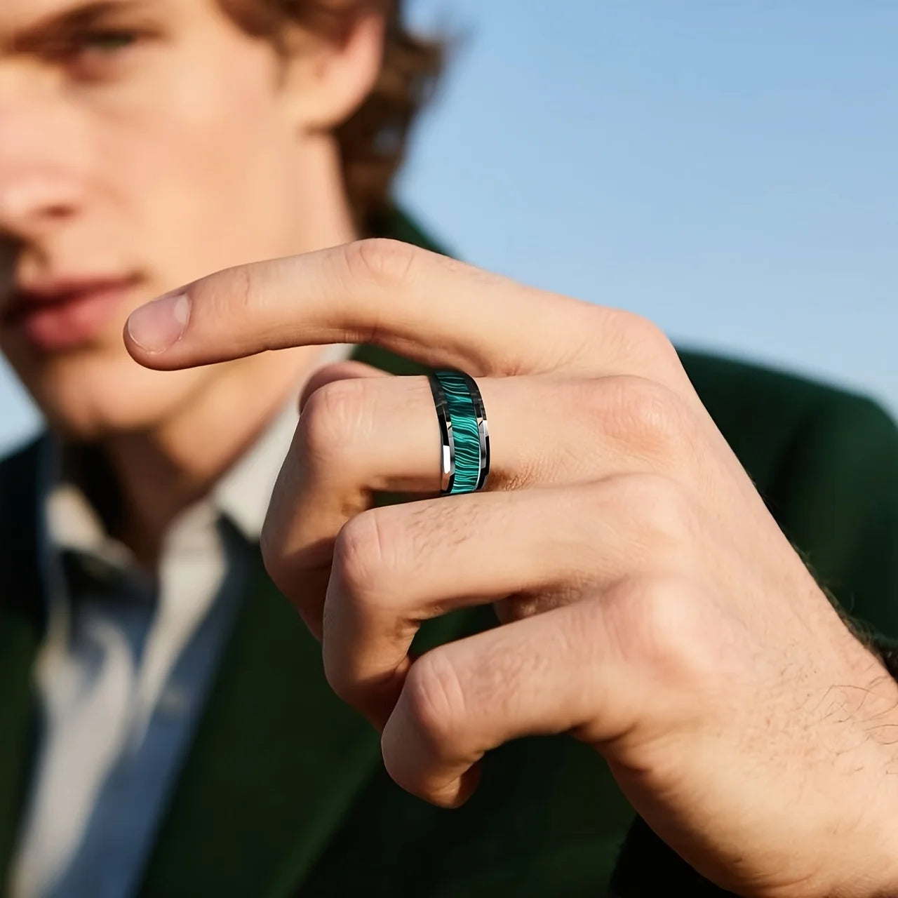 8MM Imitation of Peacock Stone Inlay Men's Stainless Steel Rings Silver Color Wedding Band Jewelry for Men Steel Ring