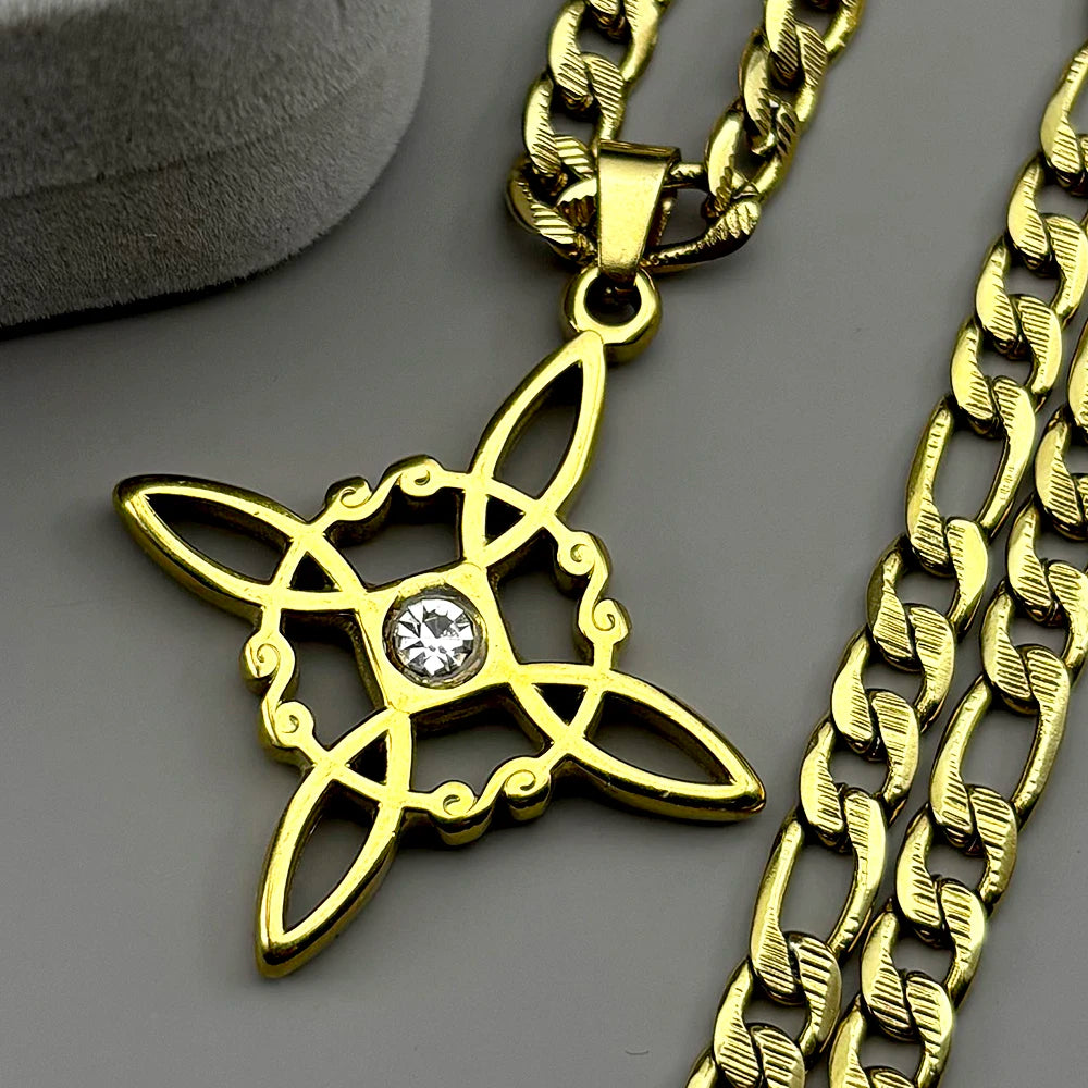 Stainless Steel Witch Knot Pendant Necklace for Women Men Gold Silver Color Rhinestone Wicca Pagan Chain Amulet Lucky Jewelry