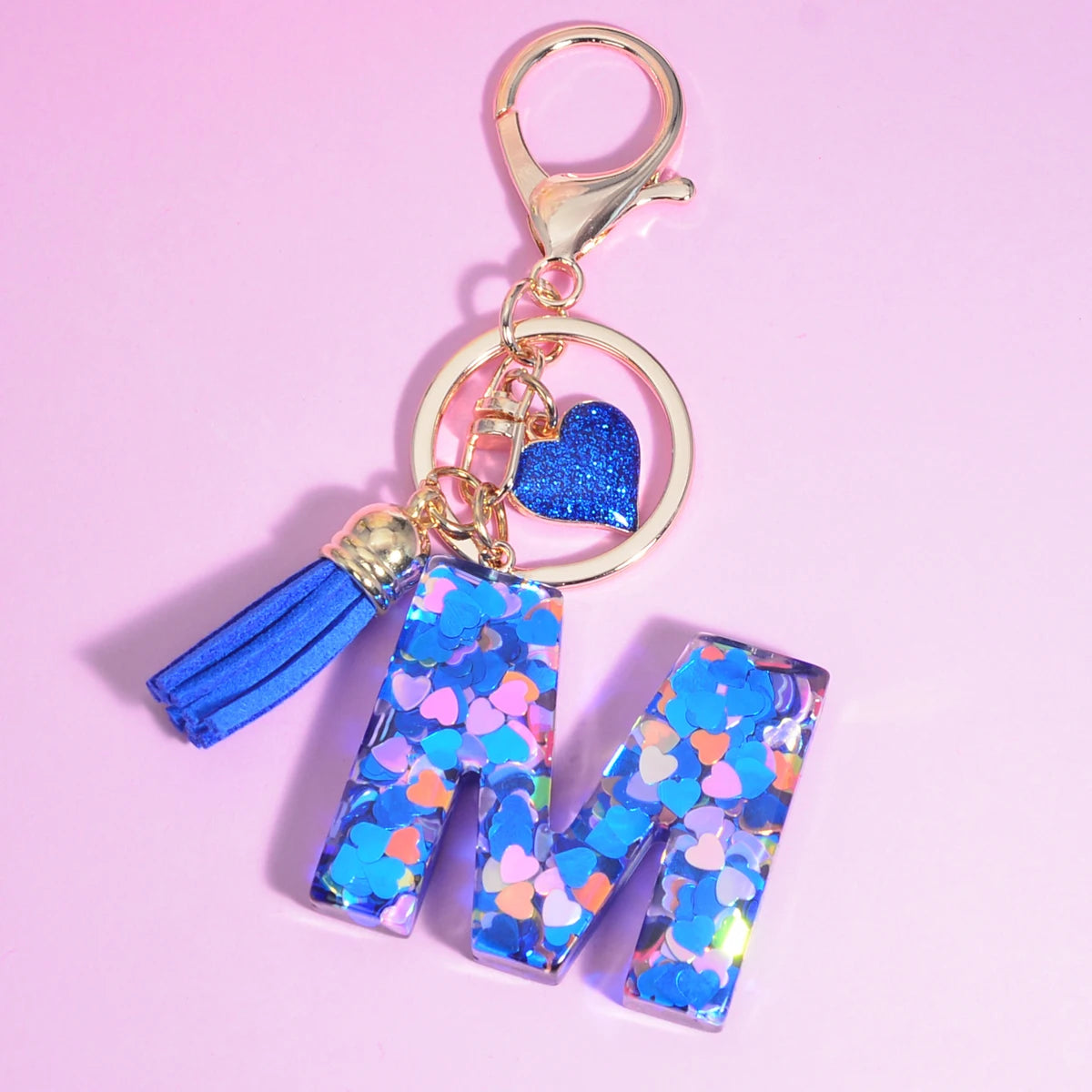 26 Initials Letter Key Pendant with Blue Tassel Alloy Love Fashion Girls Handbag Glitter Gradient Resin Alphabet Keychain Charms M CHINA