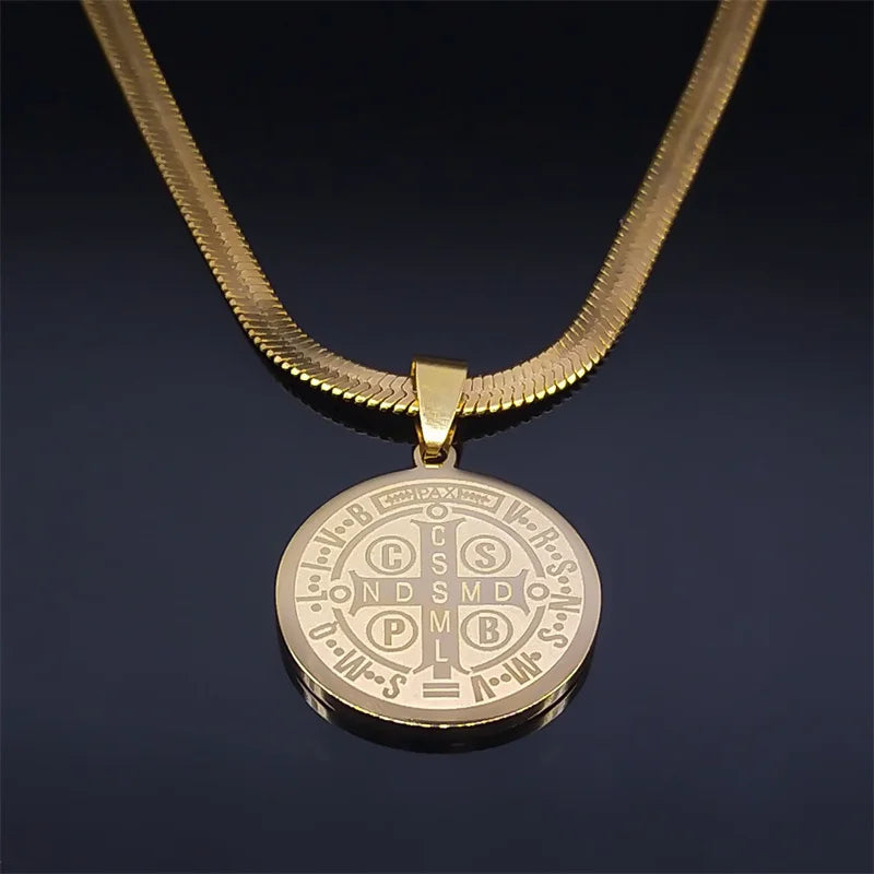 Hip Hop Saint Benedict Medallion Pendant Necklace Men Stainless Steel Snake Chain Choker Necklaces Jewelry San Benito Collares