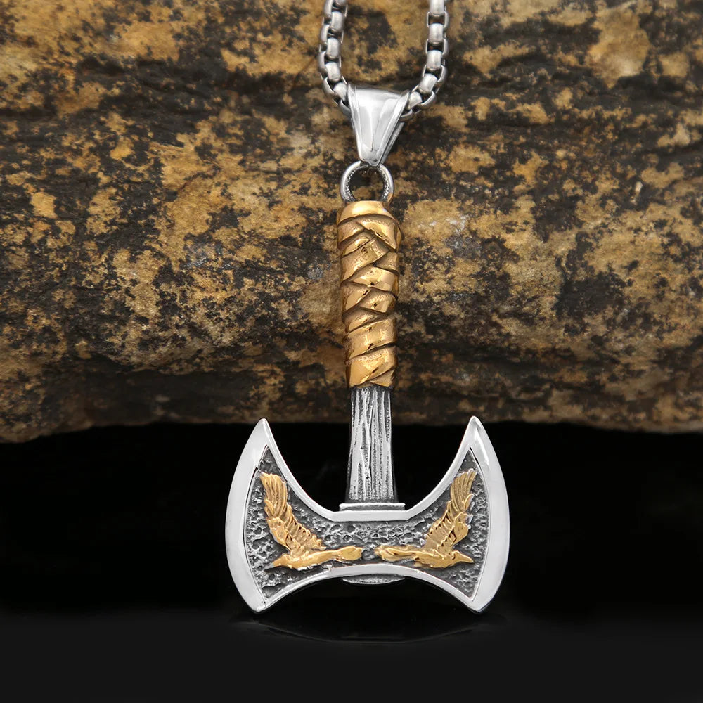 Stainless Steel Men's Viking Axe Pendant Chain Never Fading Nordic Double Eagle Necklace Amulet Jewelry Accessories