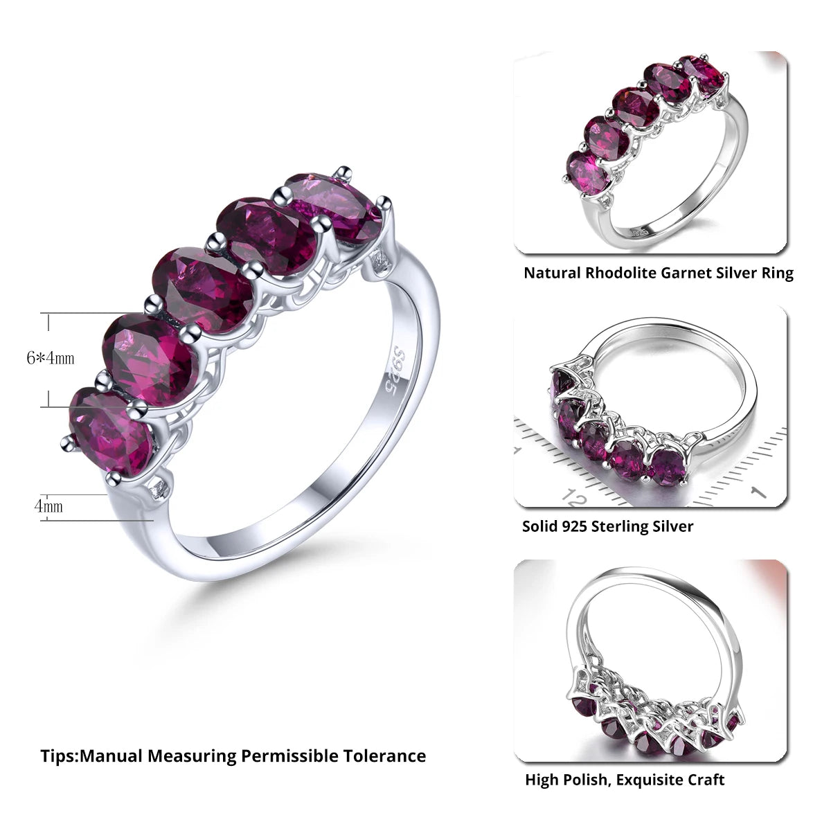 Natural Rhodolite Garnet Solid Sterling Silver Rings 2.8 Carats Genuine Gemstone Rose Garnet Women Exquisite Style Wedding Gift