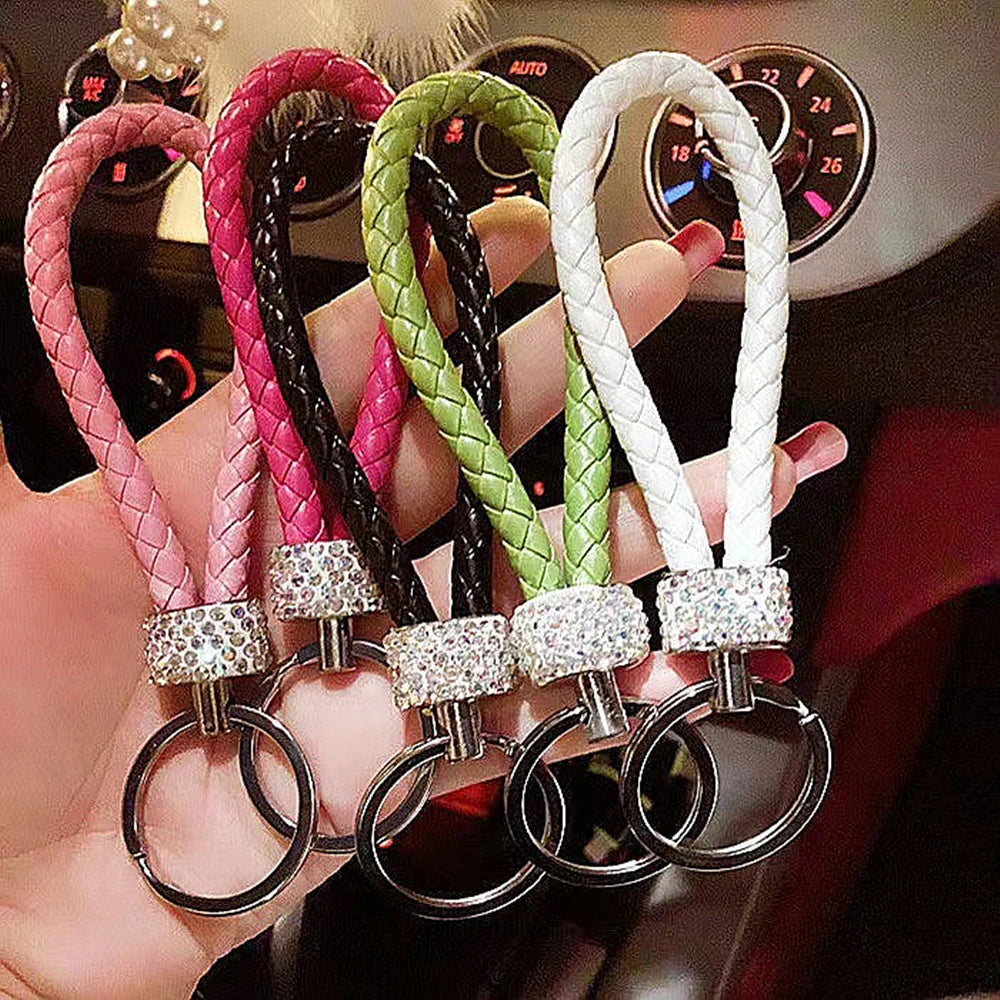 Fashion PU Leather Woven Keychain Glitter Rhinestones Braided Rope Keyring For Men Women Car Key Holder Charms Accessories Gifts