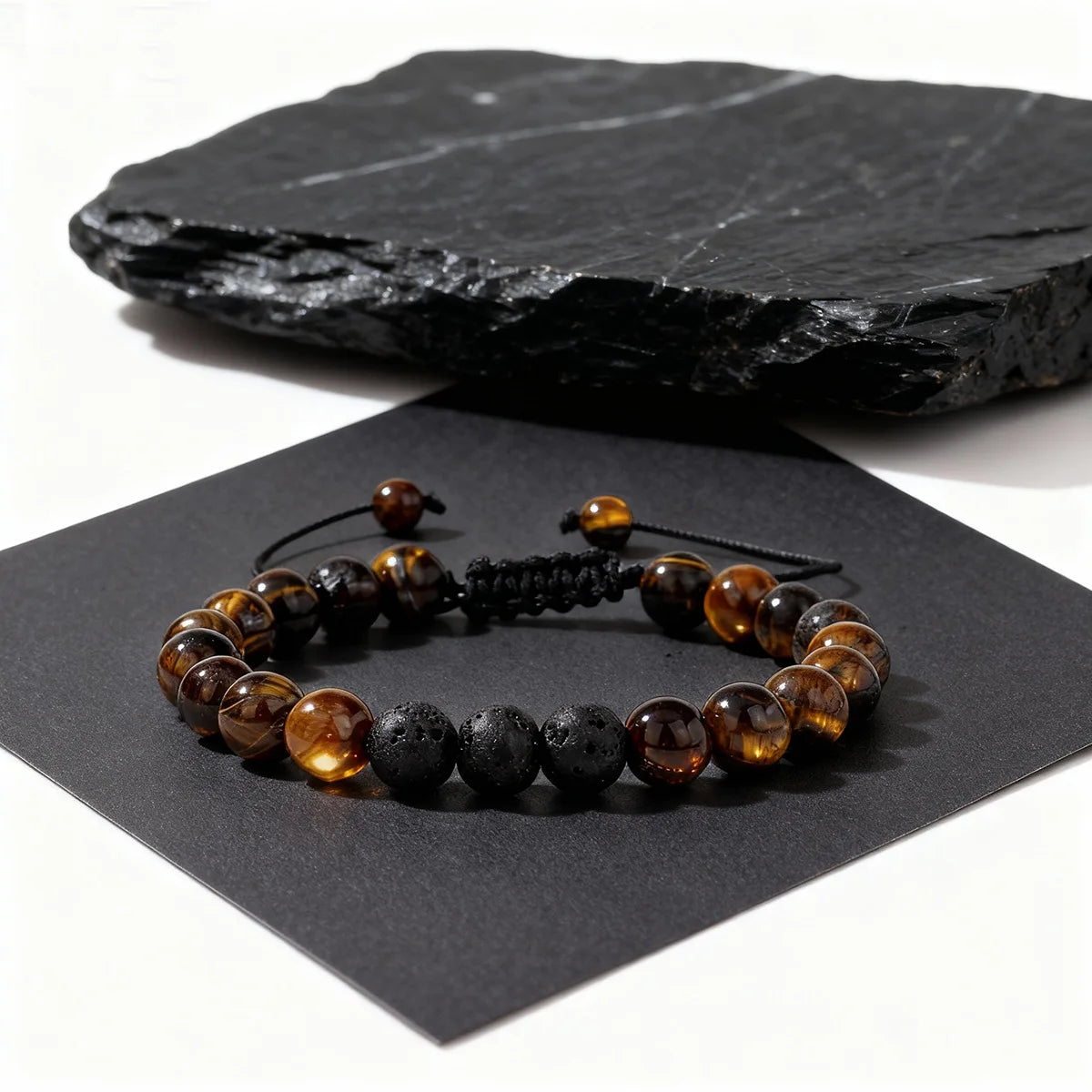 8MM Men Black Lava Beads Bracelet Tiger Eye Stone Adjustable Braided Rope Bangles For Couple Women Yoga Healing Jewelry Gift