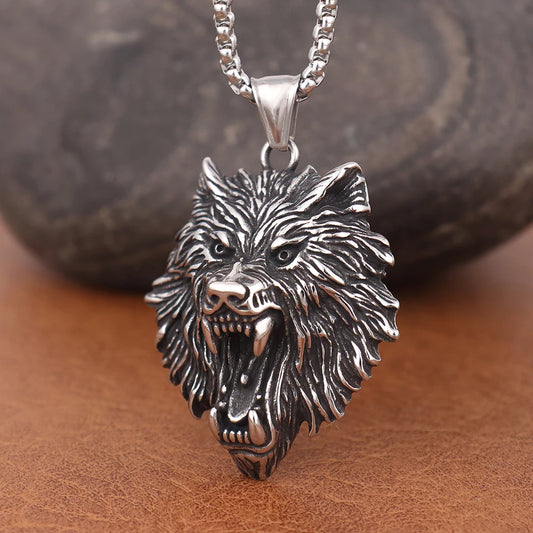 Fashion Charm Viking Wolf Head Pendant Trendy Men's 316L Stainless-Steel Animal Necklace Punk Rock Jewelry Accessories