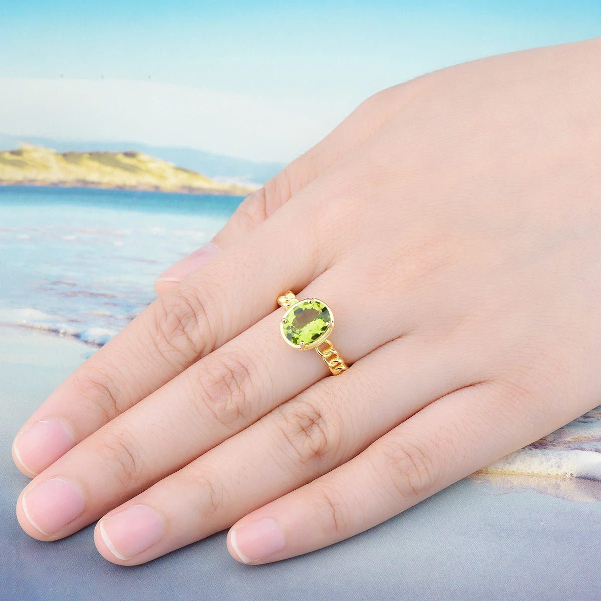 Natural Peridot Silver Rings 2.6 Carats Genuine Birthstone Yellow Gold Plated Women Classic Luxury Wedding Rings Top Quality