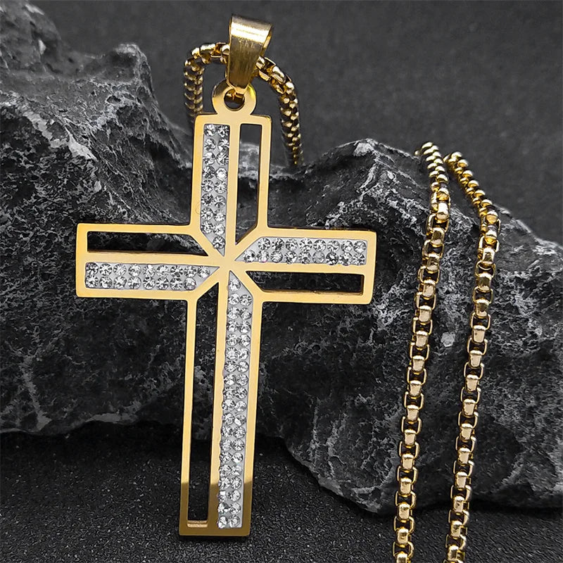 Catholic Jesus Cross Stainless Steel Necklace Saint Benedict Crystal Virgin Mary Pendant Crucifix Male Necklaces Jewelry Cruz