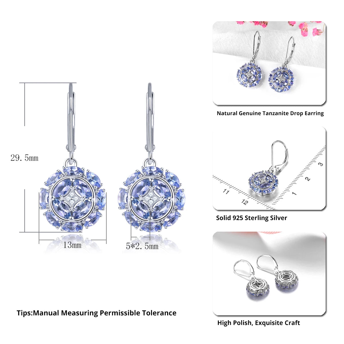 Natural Tanzanite Sterling Silver S925 Women Drop Earring 2.3 Carats Genuine Gemstone Classic Exquisite Style Fine Jewelrys