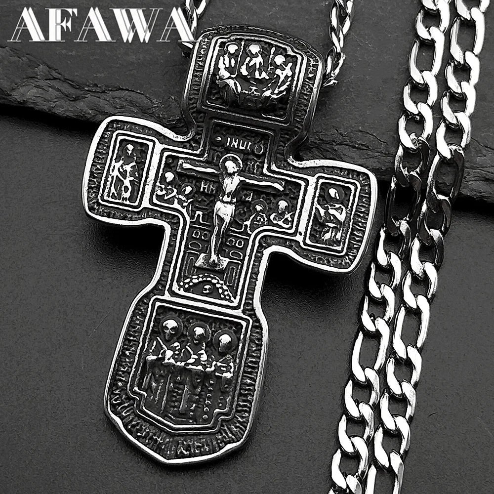 Jesus Crucifix Cross Orthodox Necklace for Women Men Stainless Steel Christian Believer Chain Necklace Vintage Charm Jewelry
