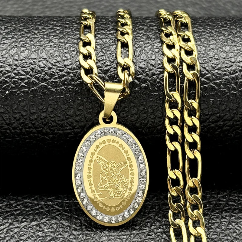 Seal of Archangel Michael Medal Necklace for Women/Men Rhinestone Stainless Steel Gold Silver Color Talisman Chain Jewelry