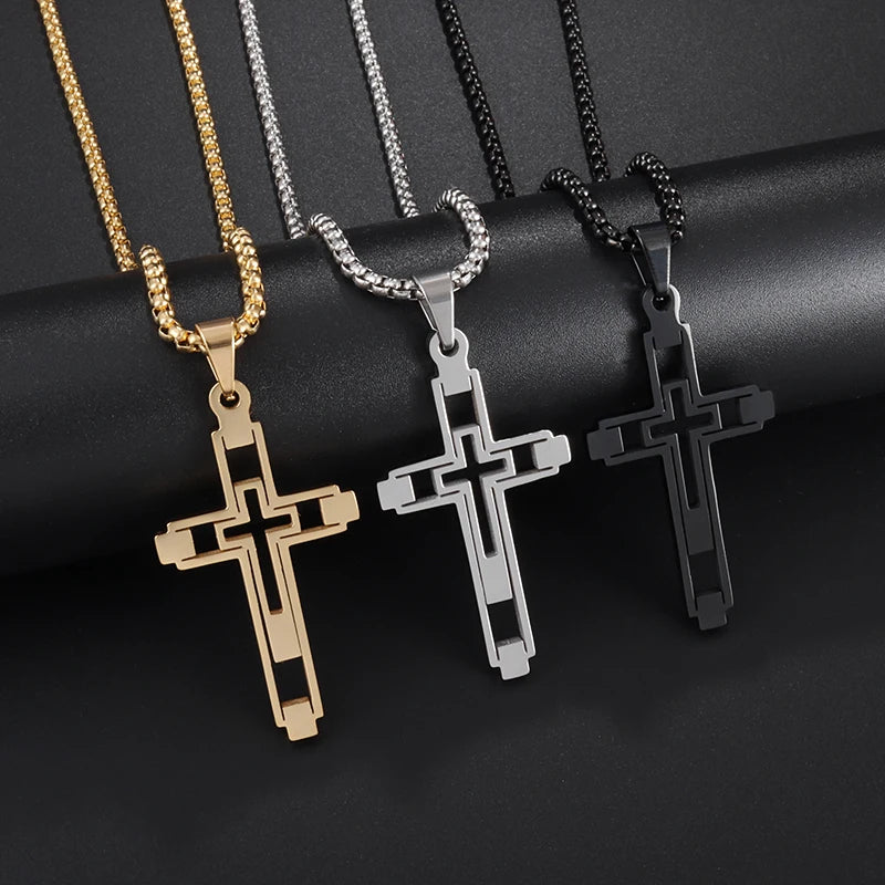 Fashion Creative Cutout Double Cross Stainless Steel Pendant Necklace for Men Classic Women Church Prayer Jewelry