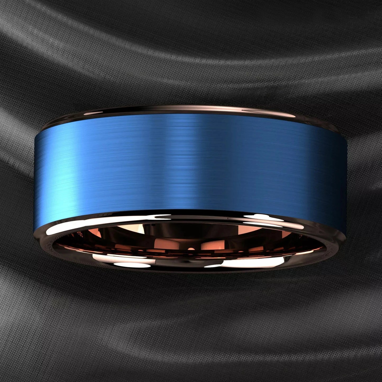 Fashion 8mm Blue Brushed Titanium Stainless Steel Rings for Men Rose Gold Color Step Edge Men Rings Wedding Engagement Jewelry