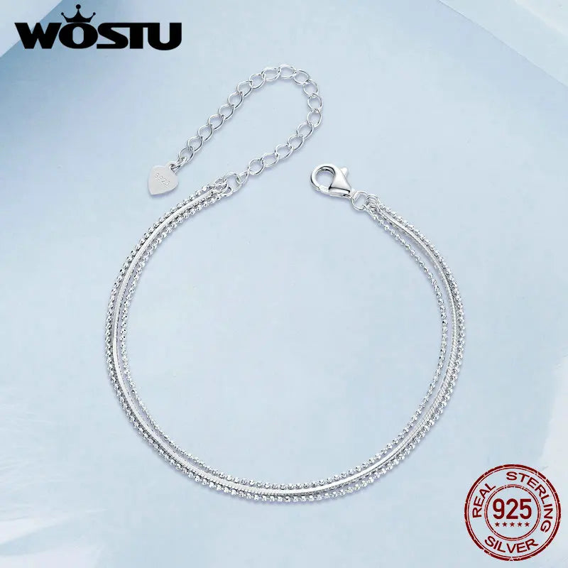 WOSTU 925 Sterling Silver Minimalist Triple-Layered Bracelet For Women Bead Chain Box Links Wedding Jewelry Girl Birthday Gift