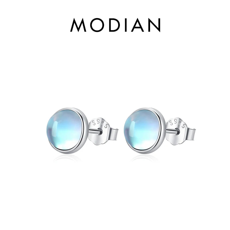Modian 925 Sterling Silver Round Exquisite Moonstone 4 5 6 MM Stud Earrings Platinum Plated Charm Ear Studs For Women Jewelry 6MM