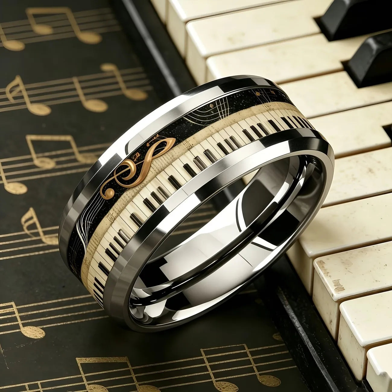 Fashion Stainless Steel Piano Note Ring Hypoallergenic Jewelry for Men, Ideal Opening Graduation Gift for Music Lovers Musician