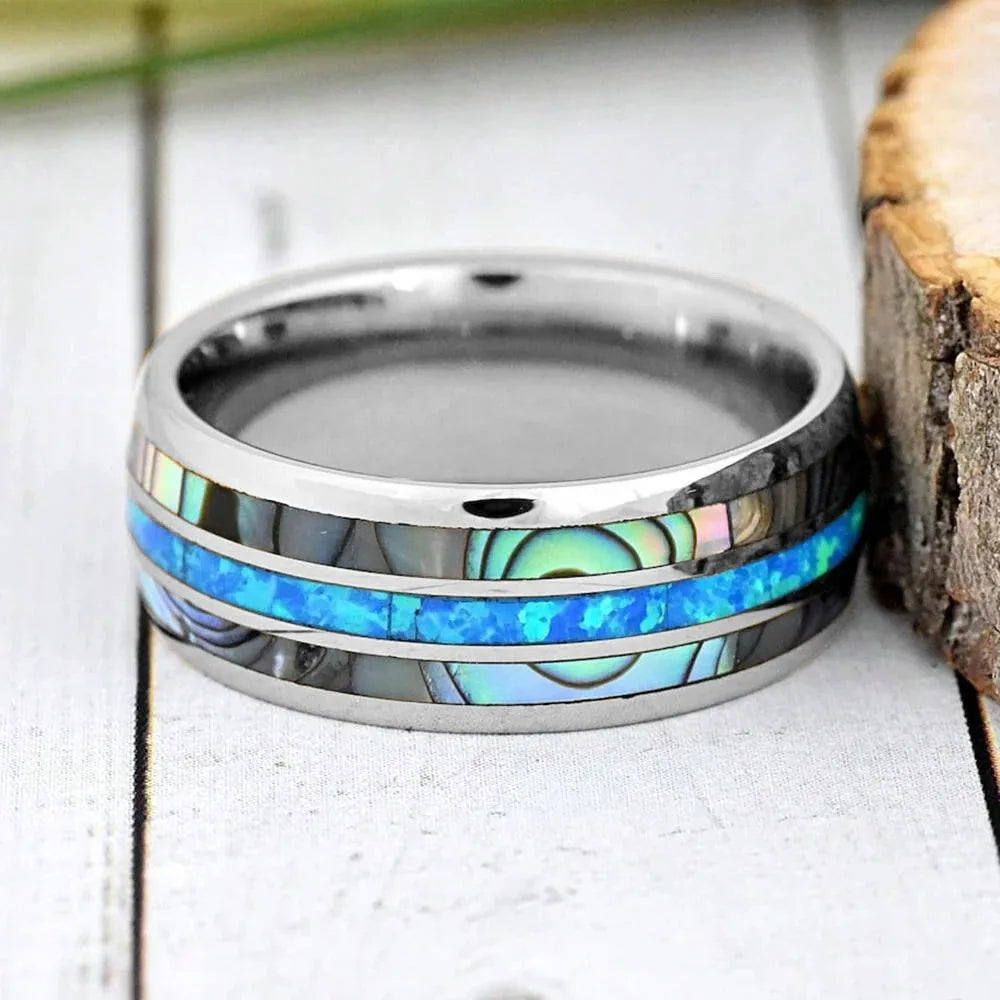 Fashion 8mm Silver Color Tungsten Wedding Men Stainless Steel Rings Inlay Abalone Shell Blue Opal Rings Men Wedding Jewelry