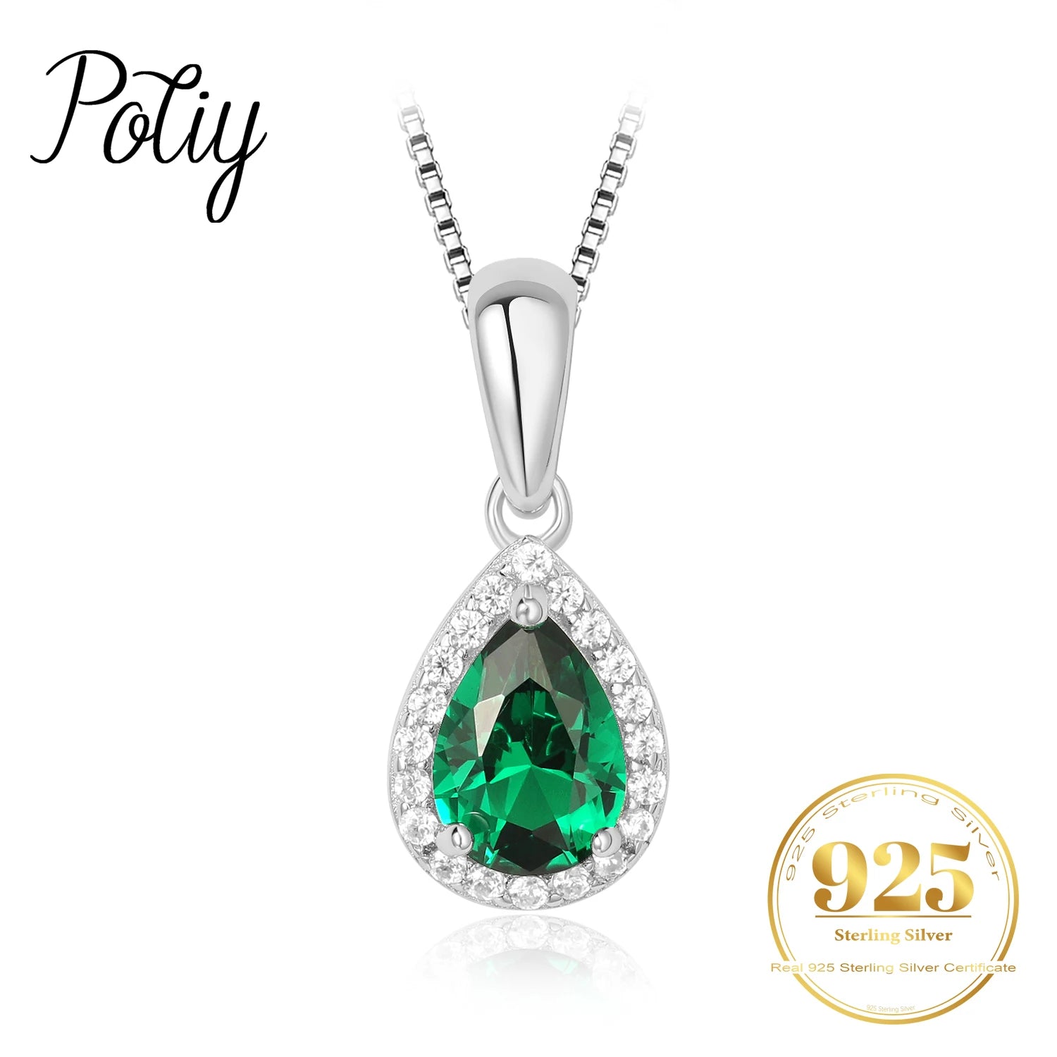 Potiy Pear Simulated Nano Emerald 925 Sterling Silver Pendant Necklace no Chain Women Gemstone Statement Daily mini cute gift CHINA