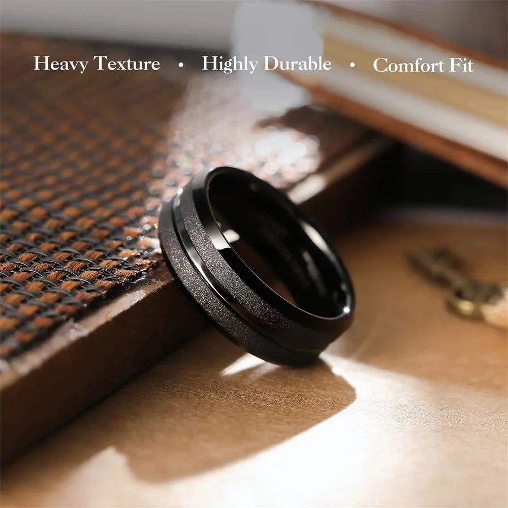 Trendy 8mm Men Frosted Stainless Steel Rings Silver Color Brushed Groove Beveled Edge Engagement Rings For Men Wedding Jewelry