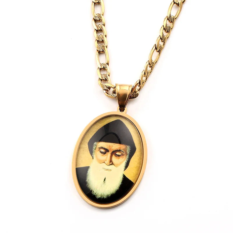 Orthodox Church Saint Charbel Glass Medal Pendant Necklace for Women Men Stainless Steel Gold Color Amulet Protection Jewelry