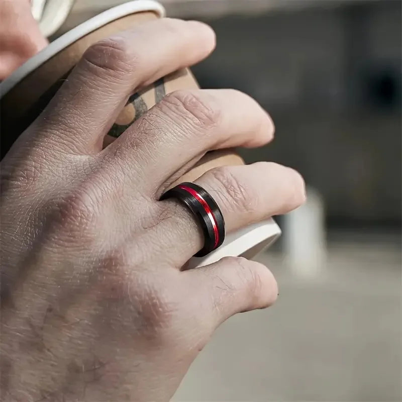 Classic 8mm Men's Red Groove Beveled Edge Black Stainless Steel Men Wedding Rings Black Brushed Male Bridal Engagement Ring