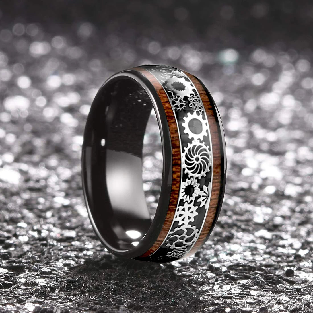 Hiphop Steampunk Men Black Stainless Steel Gear Wheel Rings Koa Wood Inlay Black Carbon Fiber Rings for Men Rock Biker Jewelry