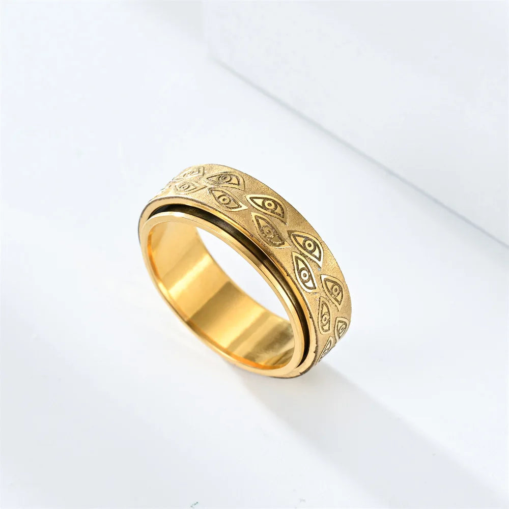Stainless Steel Spinner Rings For Men Carved Demon Eye Rotatable Fidget Joint Ring Jewelry Bague Homme
