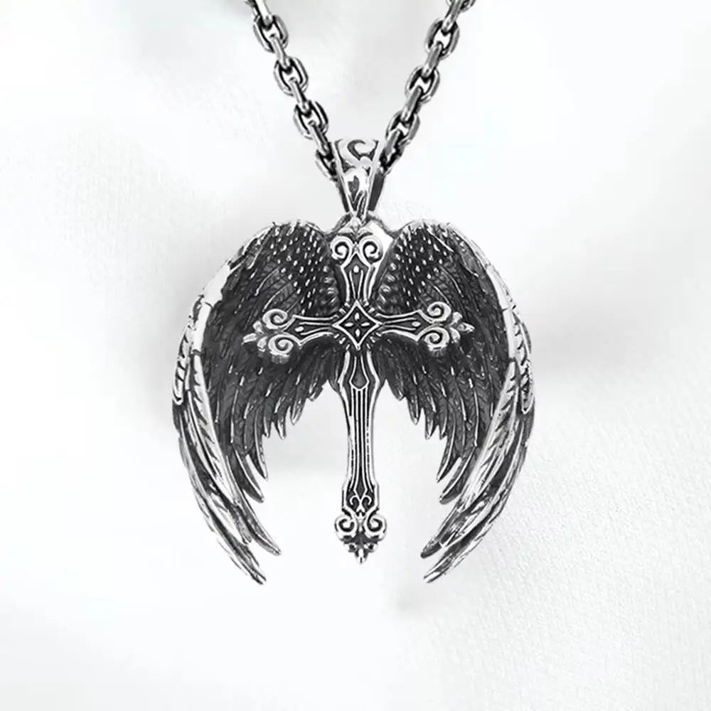Vintage Angel Wings Cross Necklace For Women Men Trend Punk Feather Guard Pendant Sweater Chain 2024 New Jewelry Wholesale