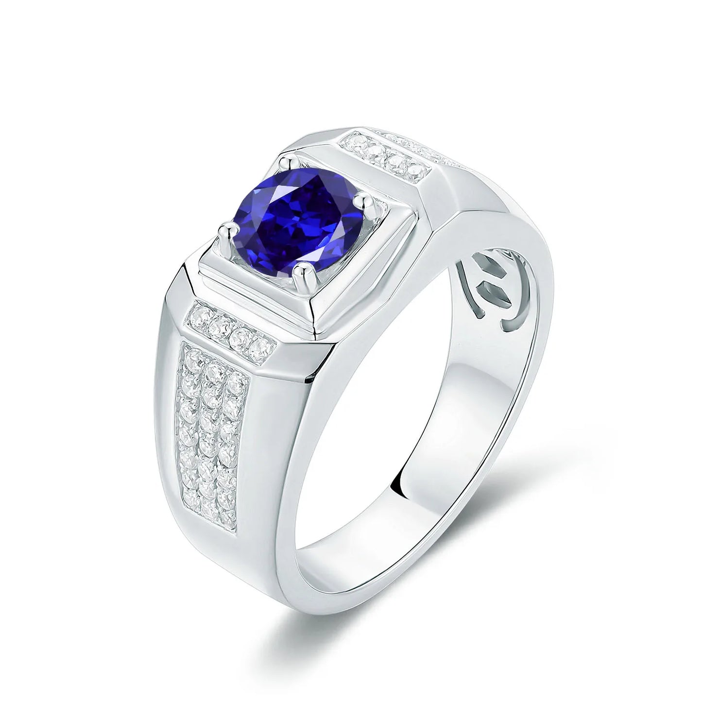 GEM'S BALLET 925 Sterling Silver Blue Sapphire Ring For Men Wedding 6.5mm 1.37Ct Round Lab Grown Sapphire Men's Statement Ring 925 Sterling Silver Lab Blue Sapphire