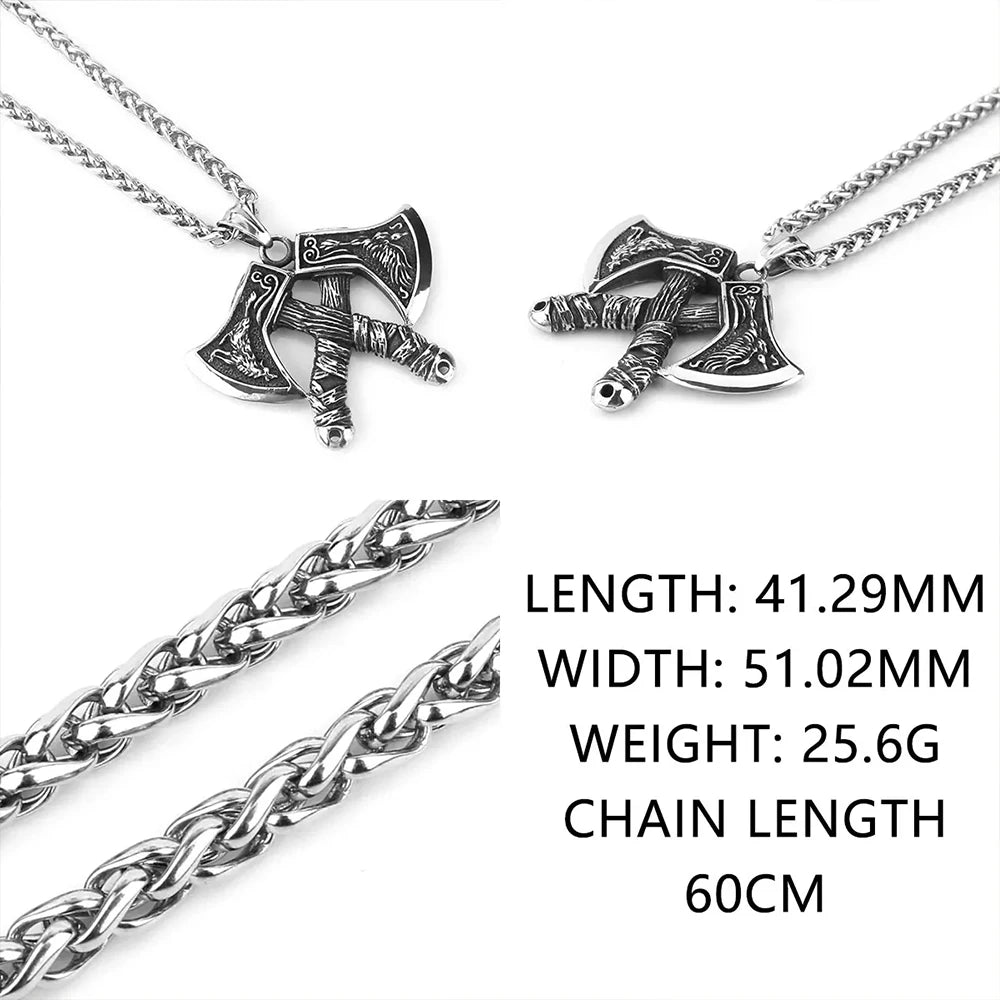 Unique Viking Double Axe Pendant Stainless Steel Retro Nordic Domineering Wolf and Eagle Necklace Scandinavian Jewelry