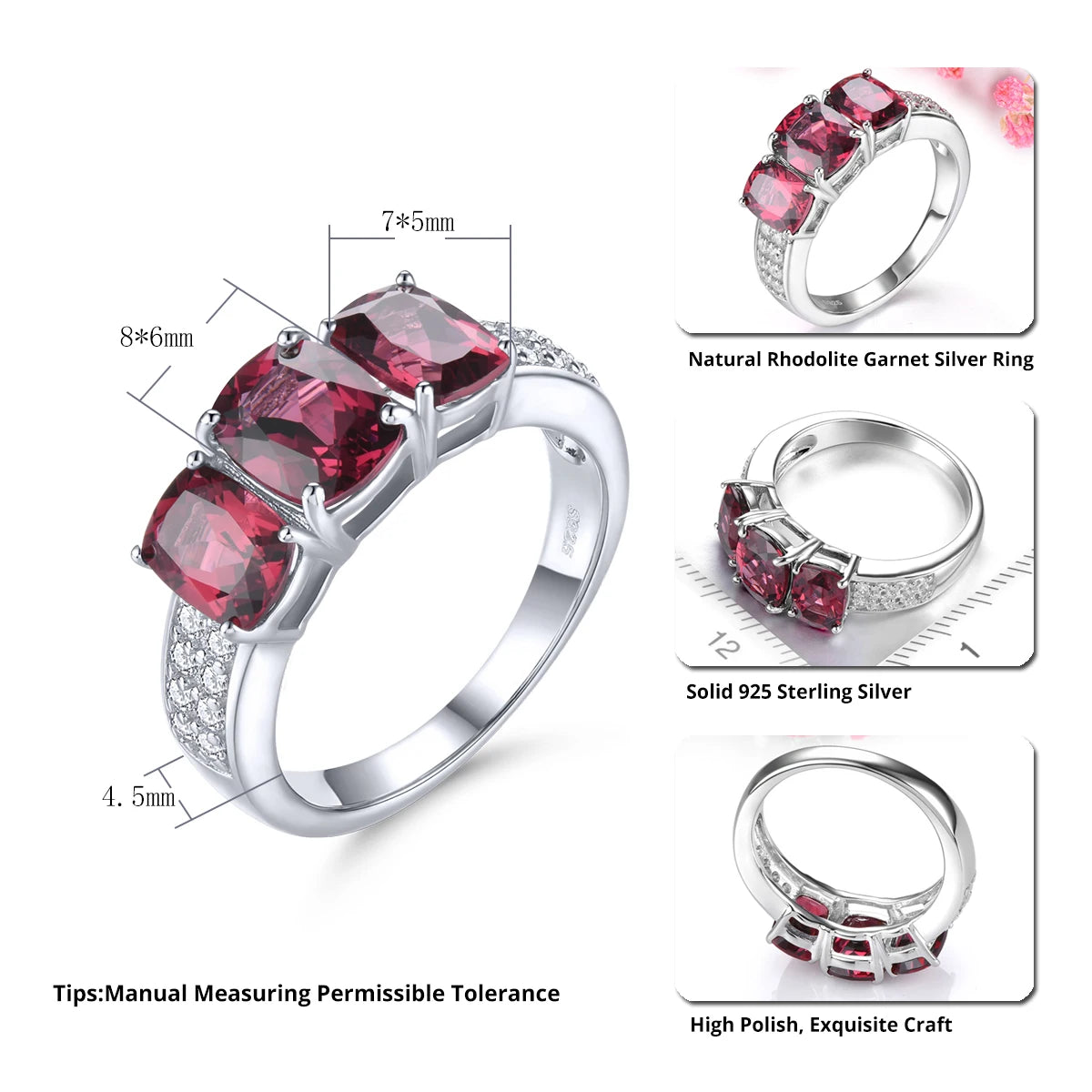 Natural Genuine Rhodolite Garnet Solid Silver Rings 4.2 Carats Women Romantic Gemstone Fine Jewelry Elegant Classic Style