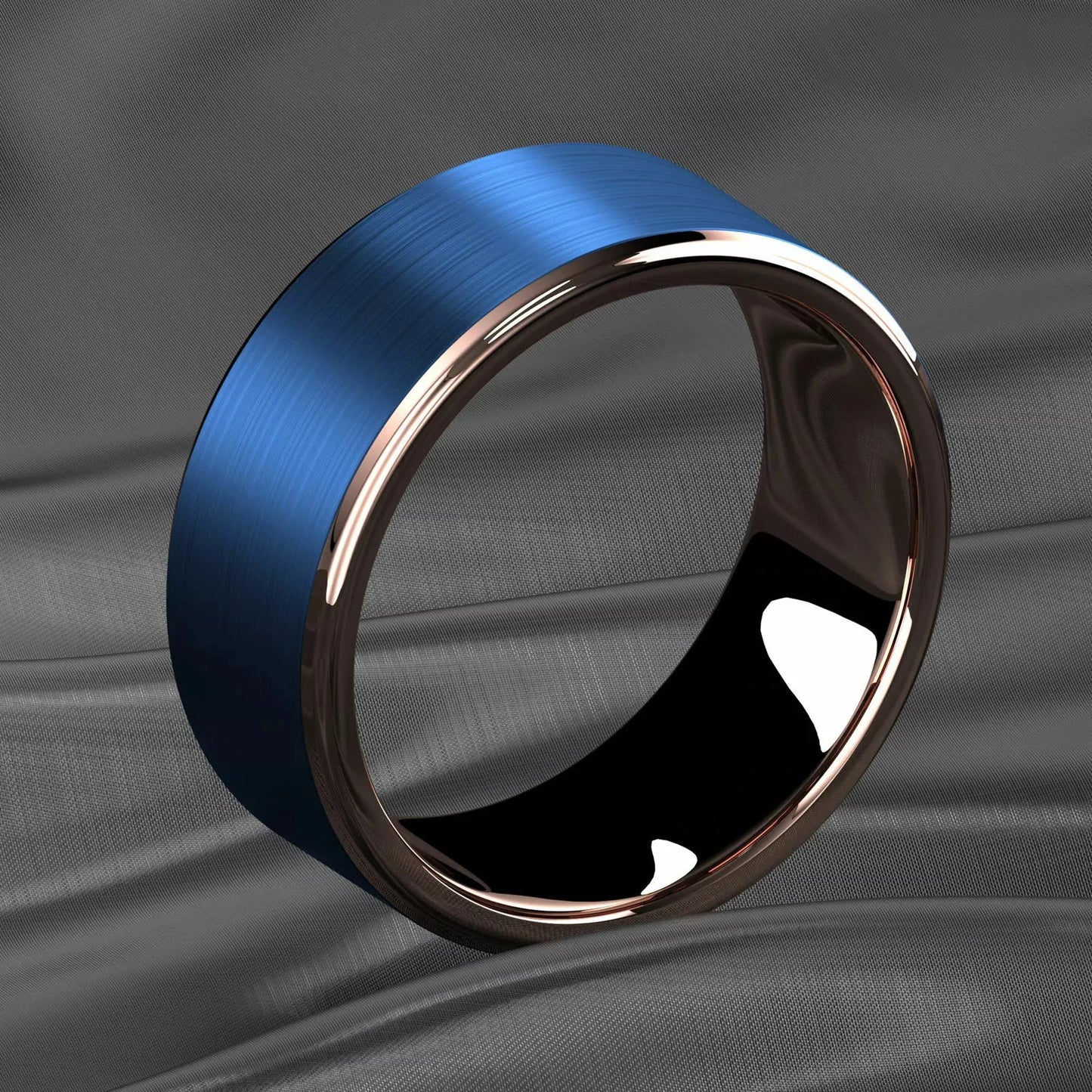 Fashion 8mm Blue Brushed Titanium Stainless Steel Rings for Men Rose Gold Color Step Edge Men Rings Wedding Engagement Jewelry