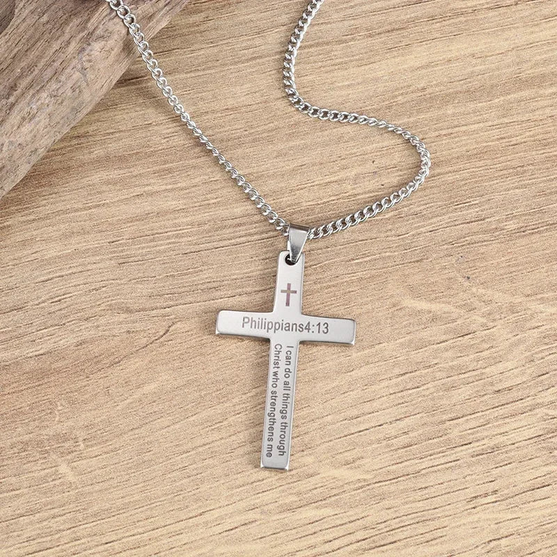 Stainless Steel Cross Letter Pendant Christian Savior Jesus Necklace Men and Women Religious Prayer Amulet Jewelry