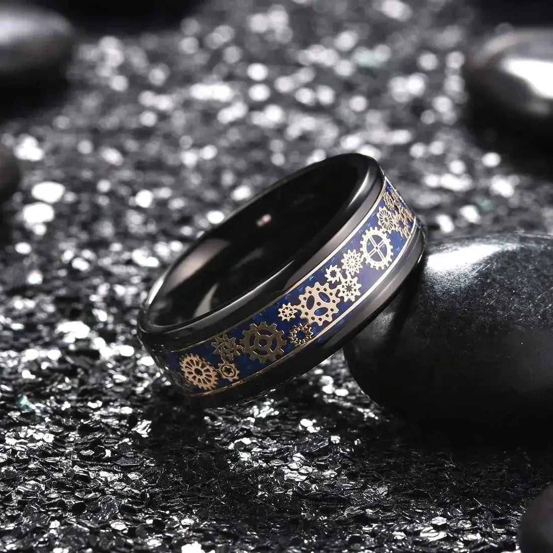 Fashion Steampunk Men Stainless Steel Gear Wheel Rings Inlay Blue Carbon Fiber Rings For Men Punk Wedding Jewelry Drop shipping