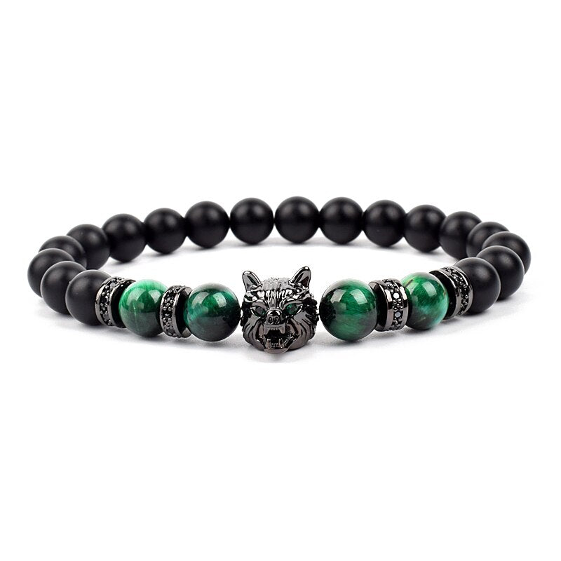 Wolf Charm Bracelets Men Natural Black Agates Onyx Stone Bracelet Brave Blue Tiger Eye Elastic 8 mm Beads Jewelry Beaded Pulsera Green tiger eye