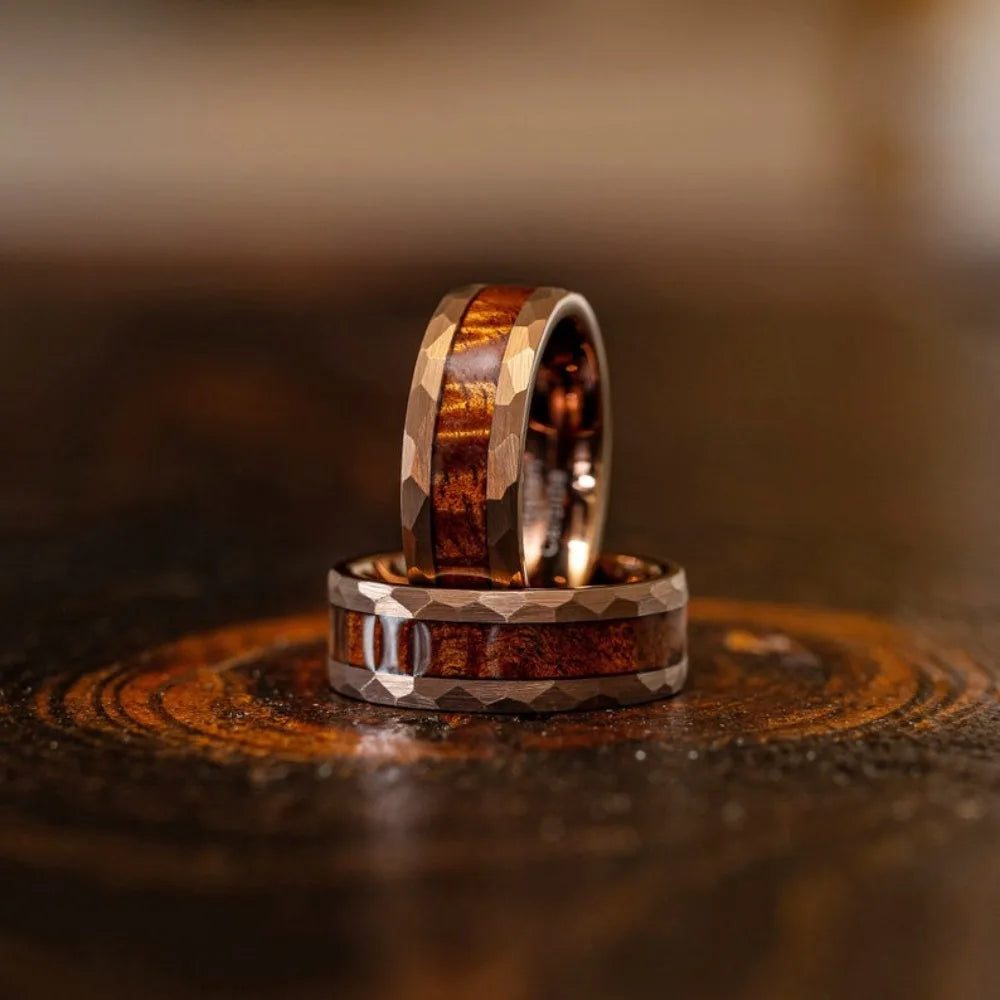 Luxury 8MM Koa Wood Inlay Stainless Steel Rings Bevel Edge Men's Steel Jewelry Polished Wedding Engagement Band Ring Wholesale