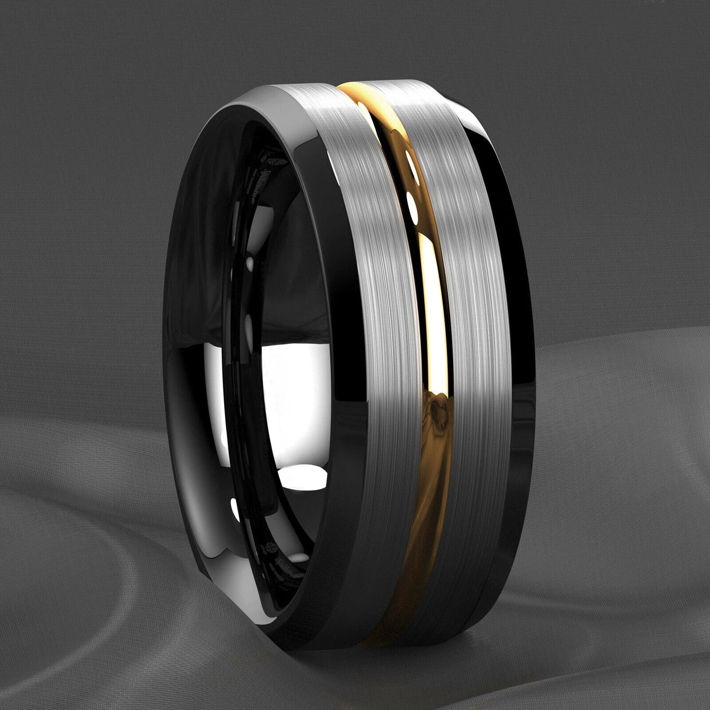 Fashion 8mm Gold Color Groove Men Stainless Steel Rings Silver Color Brushed Black edge Rings For Men Women Wedding Band Jewelry