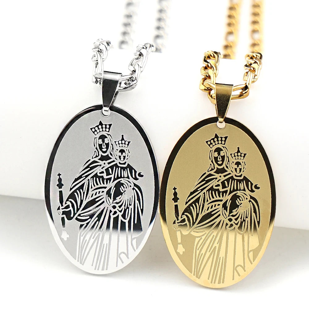 Oval Medal Virgin Mary Pendant Necklace for Women Men Stainless Steel Gold Color Catholic Our Lady of Mount Carmel Chain Jewelry
