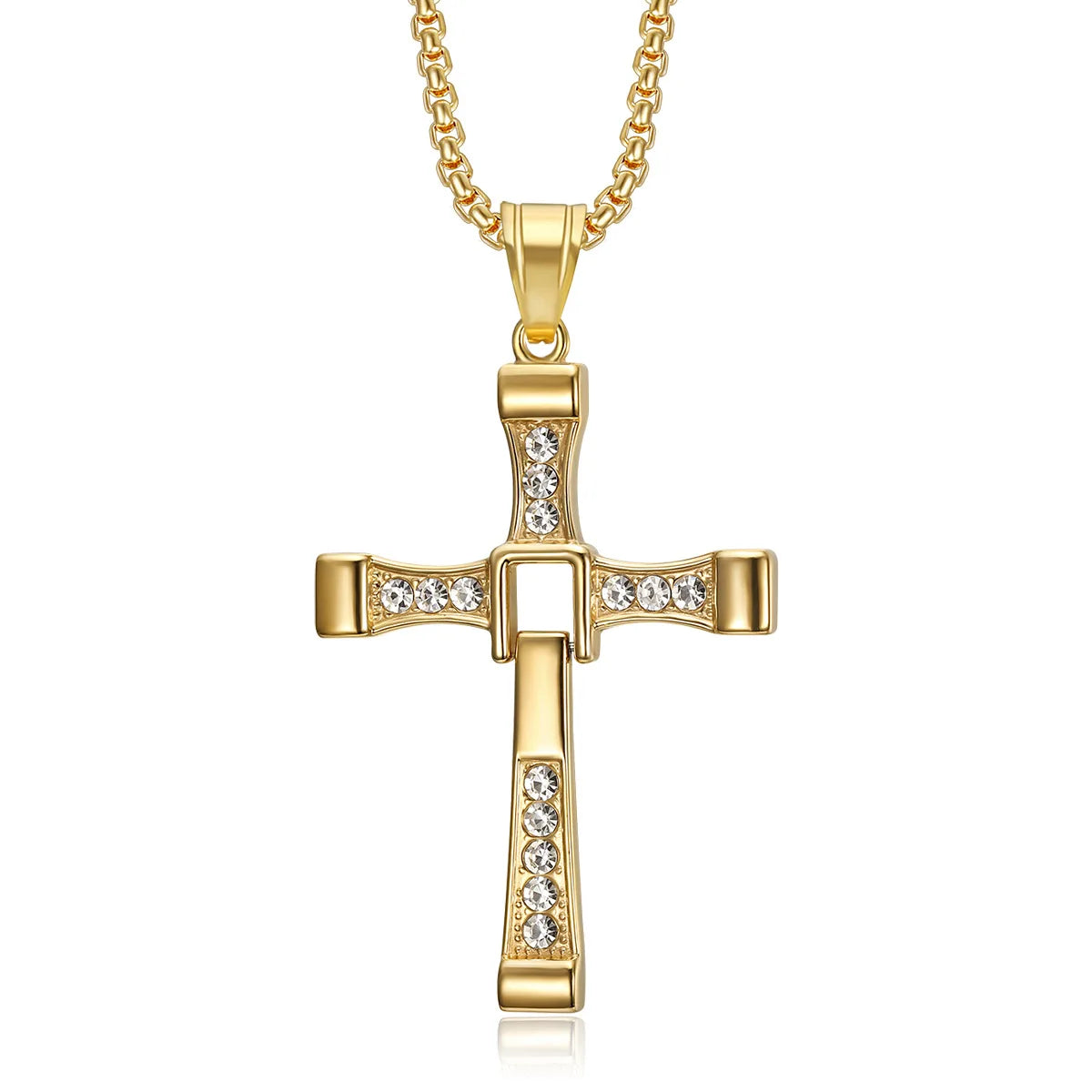 Hip Hop Stainless Steel Gold Crystal Cross Cubic Zirconia Pendant Necklace Gift Square Pearl Chain