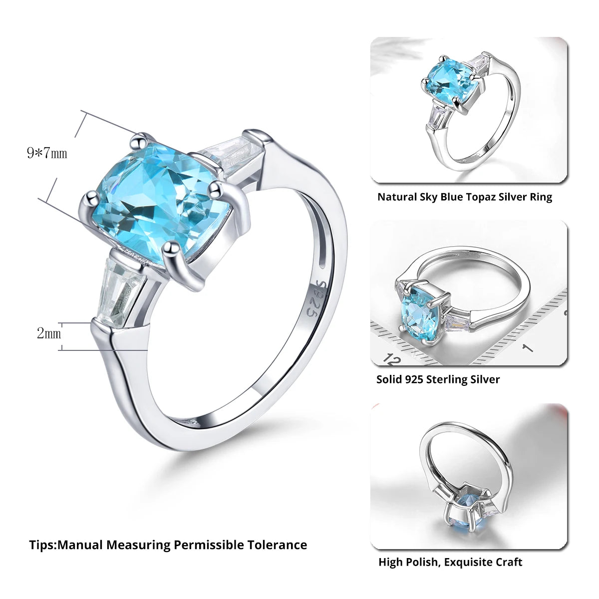 Natural Sky Blue Topaz Sterling Silver Rings Cushion Cut 2.3 Carats Genuine Gemstone Classic Jewelry Style S925 Women's Gifts