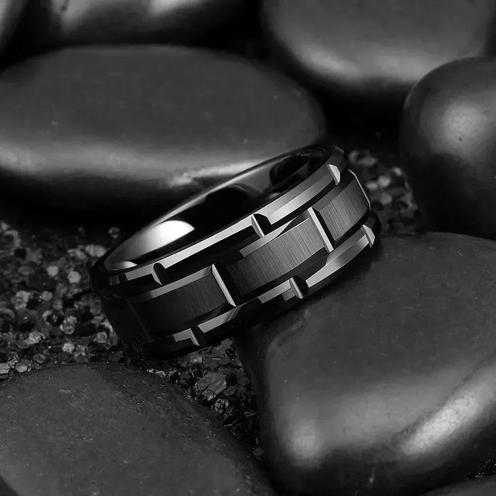 Fashion 8mm Titanium Wedding Rings For Men Black Brushed Brick Pattern Men Stainless Steel Rings Wedding Jewelry Wholesale