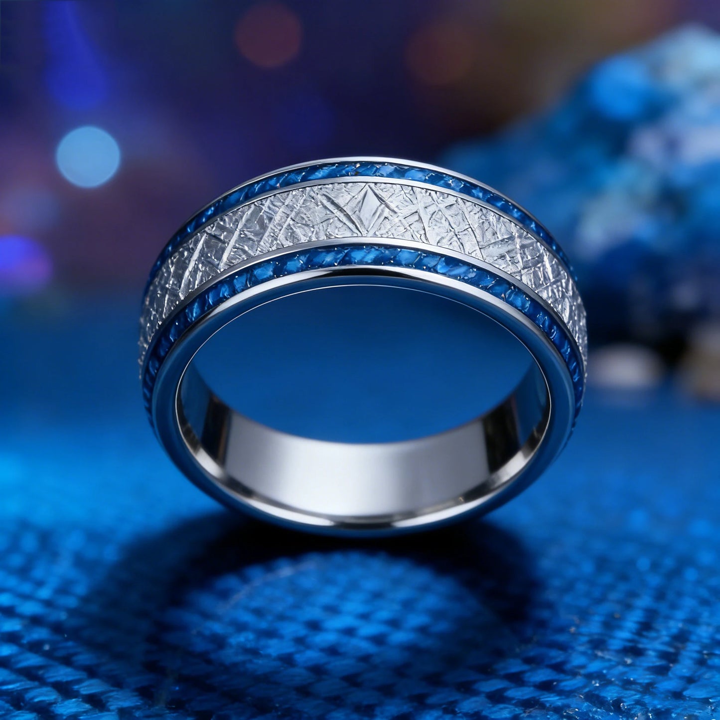 Fashion 8mm Silver Color Stainless Steel Rings for Men, Meteorite Carbon Fiber Inlay Dome Engagement Ring, Men Wedding Jewelry