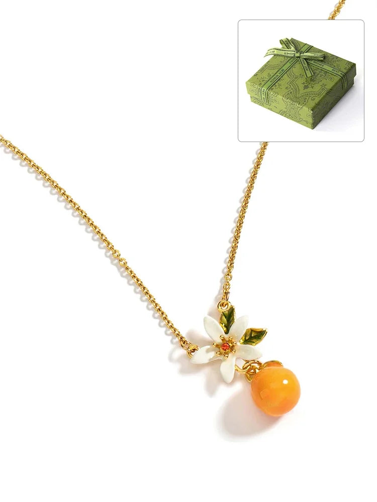 Necklace for Women Orange Gardenia Necklace 18K Gold Plated Sweet Fruit Flower Necklace Hand Painted Enamel Christmas Gifts Basic Packaging CN