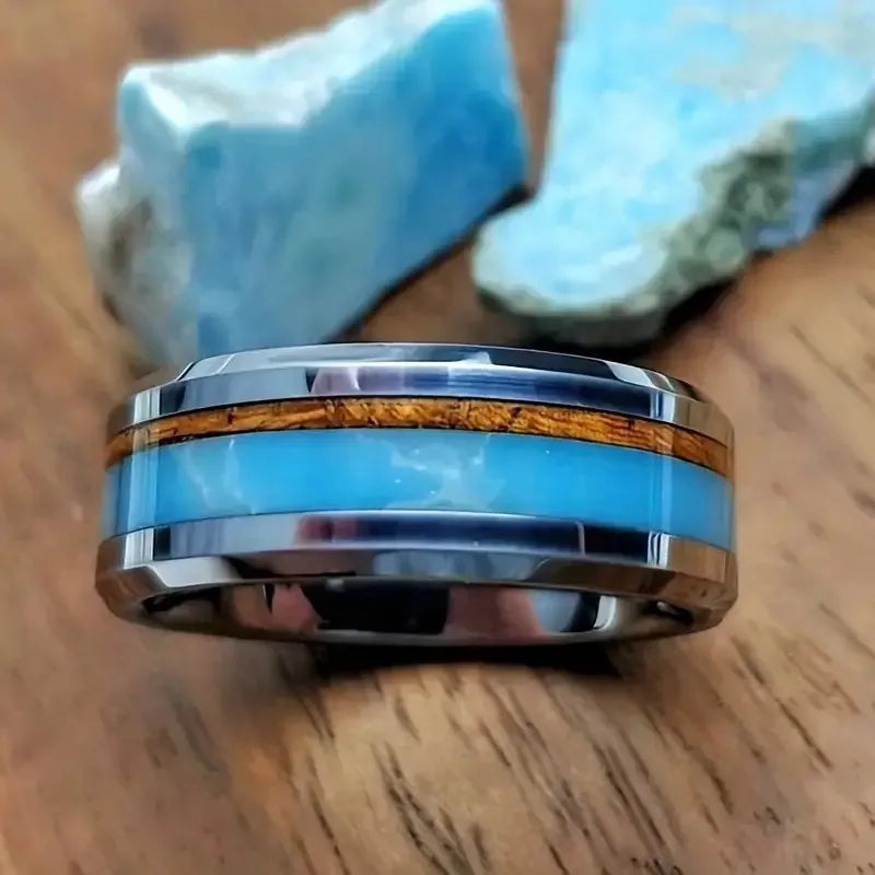 Fashion 8mm Men Stainless Steel Rings Inlay Blue Faux turquoise Wood Rings For Men Women Wedding Engagement Band Jewelry Gift