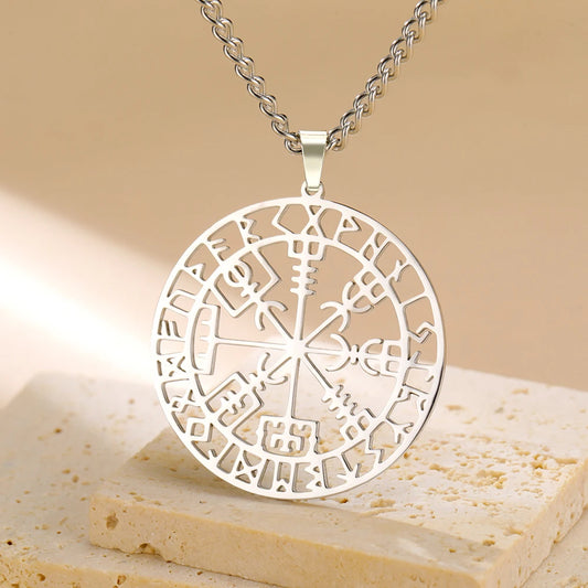 Dawapara Vegvisir Pendant Necklace Nordic Viking Runes Compass Necklace Protection Amulet Stainless Steel Jewelry