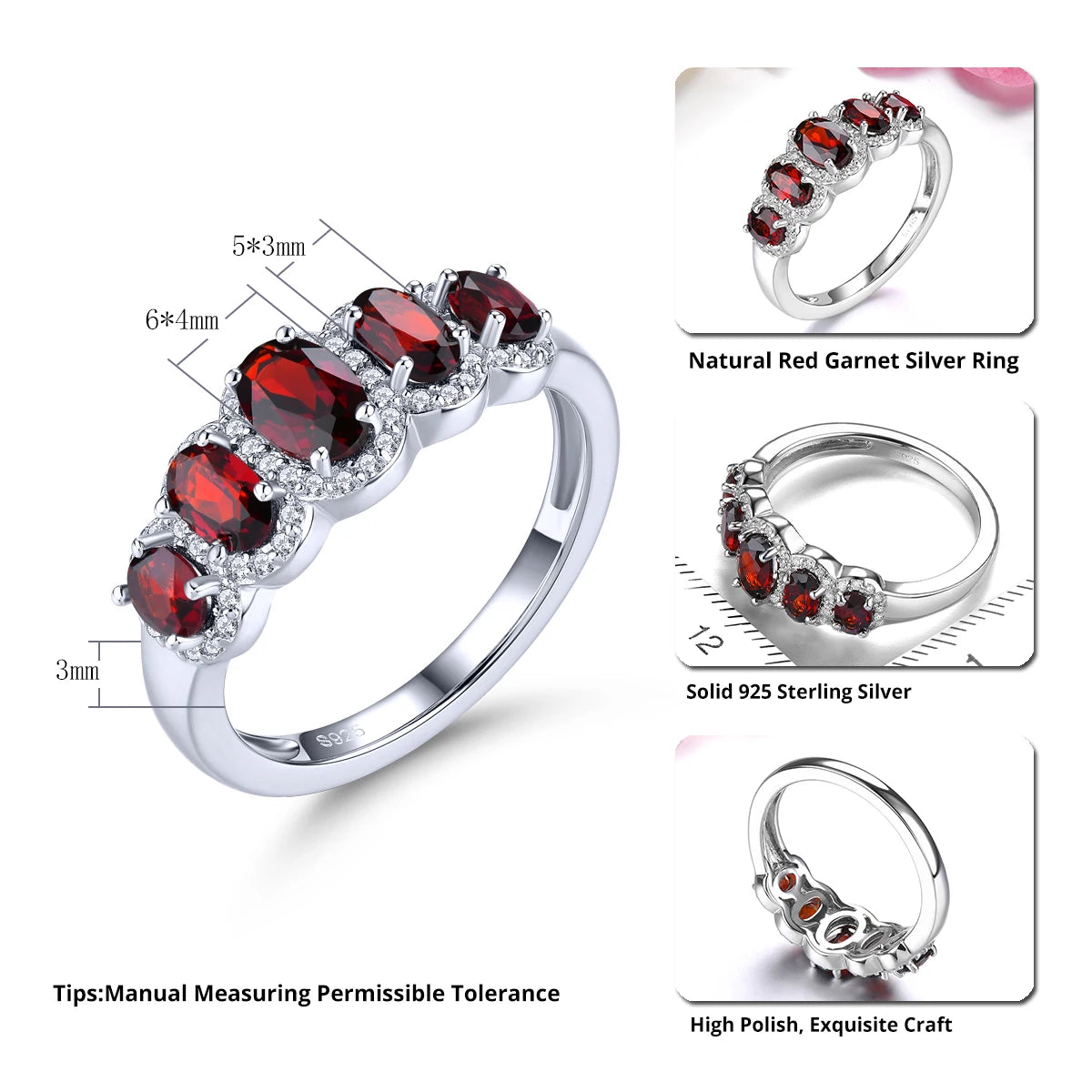 Natural Red Garnet Silver Rings 2 Carats Genuine Classic Garnet Gemstone Original Design S925 Women Romantic Birthday Gifts