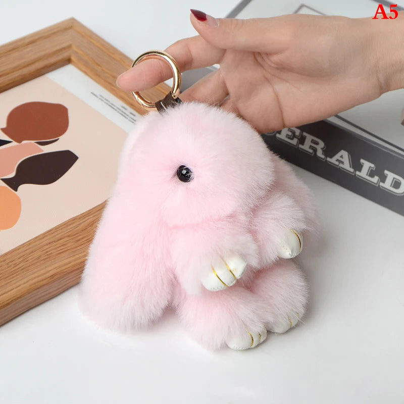 Rabbit Keychain Ring Fluffy Real Fur Pompon Bunny Trinket Key Chain Charm Cute Key Ring On Bag Car Key Pendant Light pink