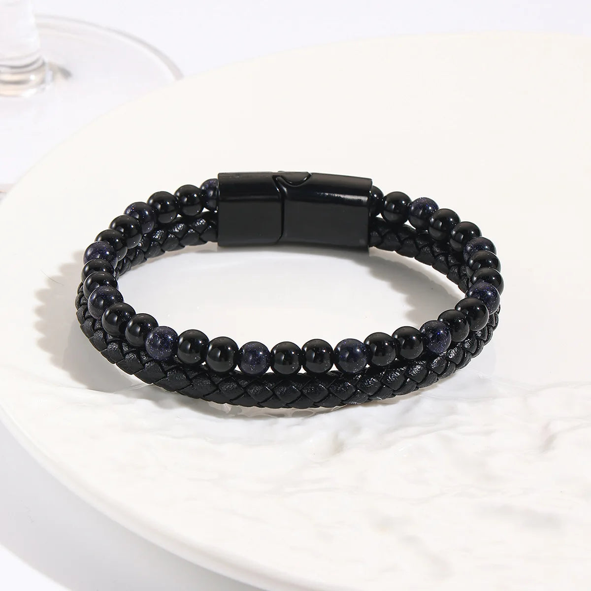 Black Shining Volcano Tiger Eye Bead Natural Stone Bracelet Men's Cowhide Rope Bracelet Hand String Jewelry Gift