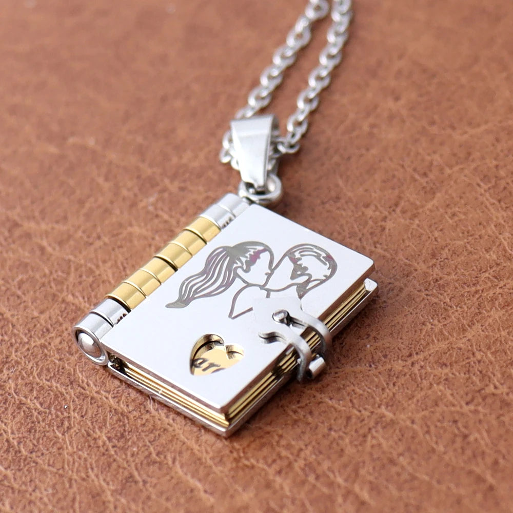 Small size Fashion Romantic Love Book Heart Pendant Stainless Steel Tiny 18mm Love Book Heart Necklaces for Women Jewelry Gifts