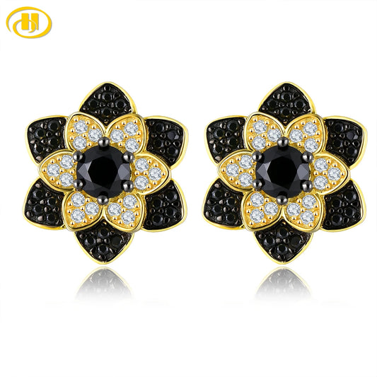 Natural Black Spinel Sterling Silver Yellow Gold Plated Stud Earring Women Classic Fine Jewelrys Daily Use Style S925 Gifts Default Title